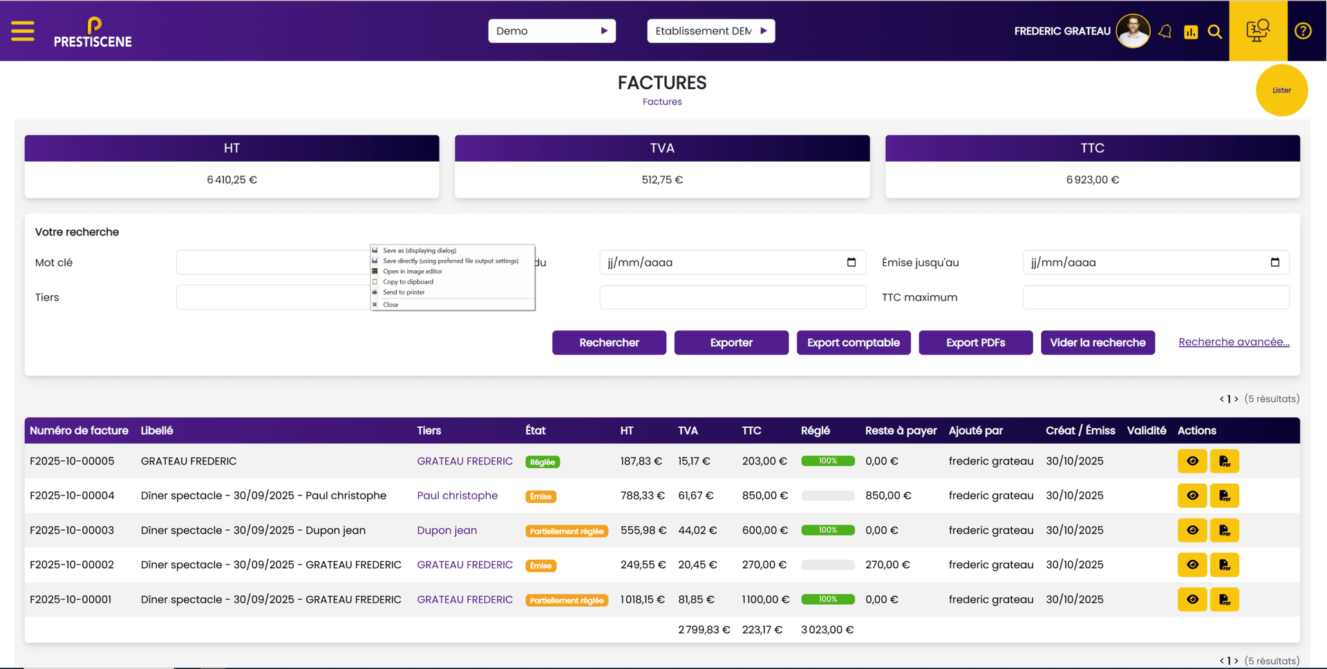 Facturation et gestion des factures pour billetterie spectacle — PRESTISCENE